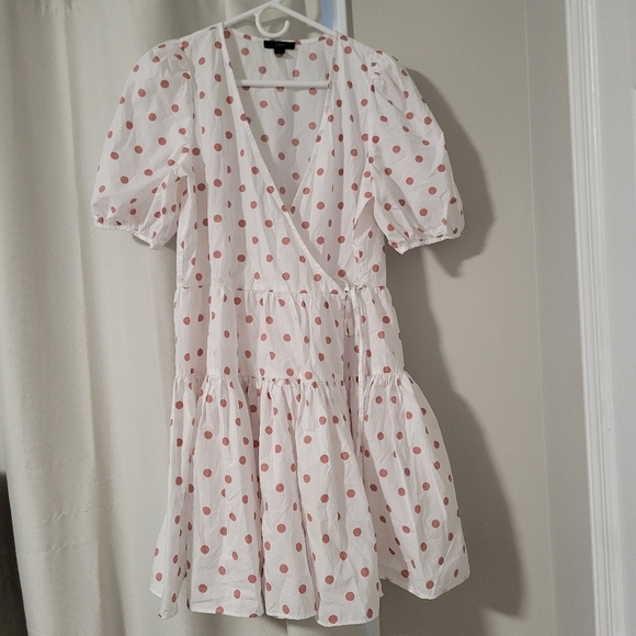 J.crew White Polka Dot V-Neck puff Sleeve Poplin Wrap mini Dress. - Picture 3 of 12